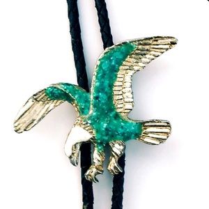 Blue/Green/Gold Enamel Bald Eagle Leather Bolo Tie